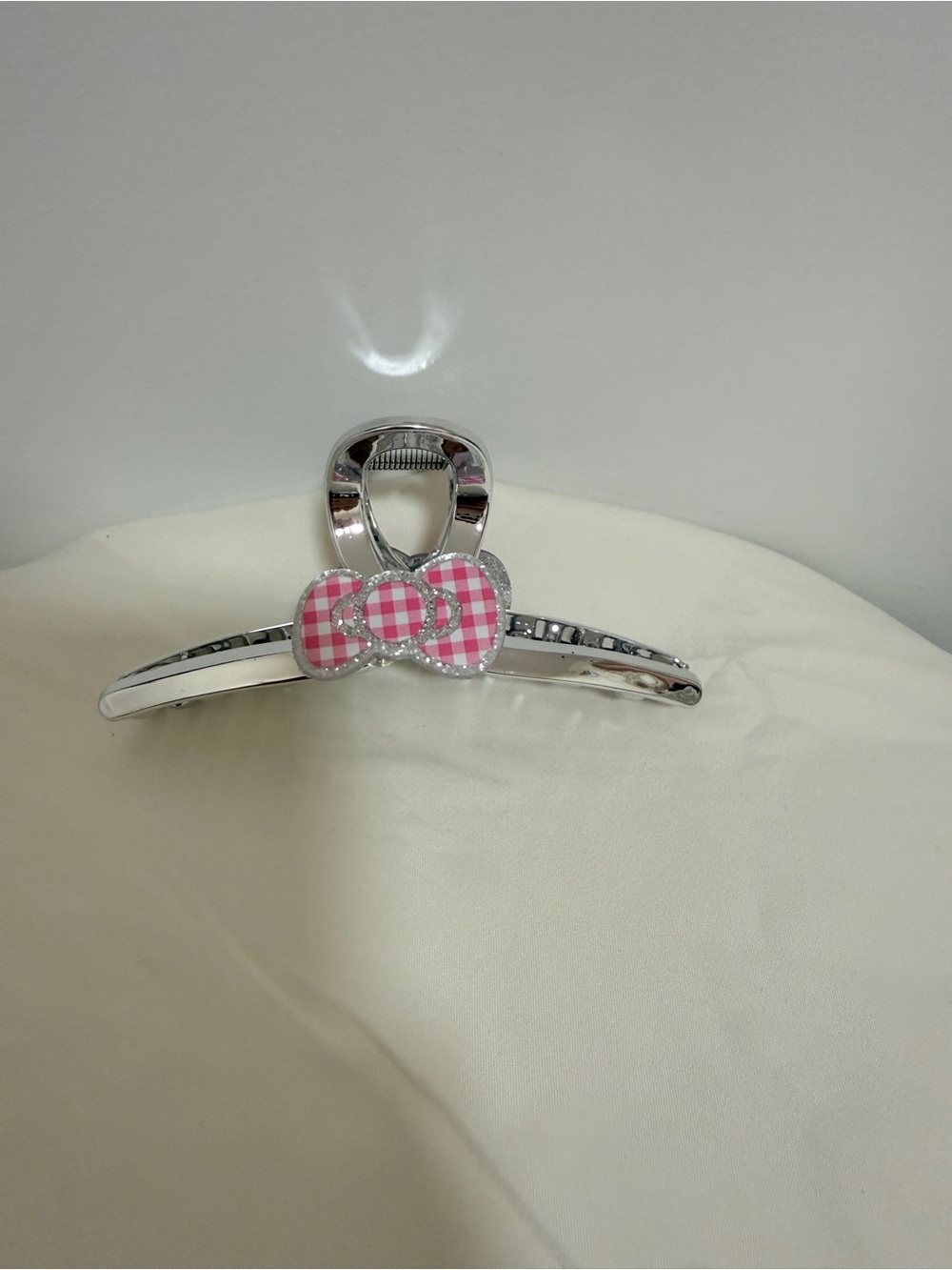 Silver Hair Claw with Pink Gingham Bow
